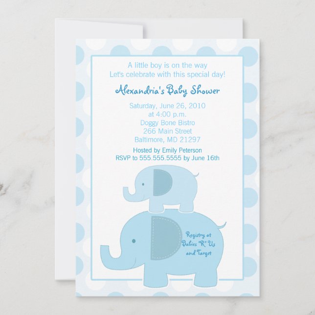 Invitación a Baby Shower de Mod Blue Elephants 5x7 (Anverso)