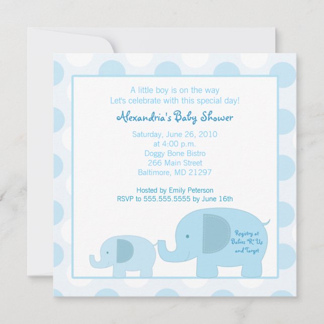 Invitación a Baby Shower de Mod Blue Elephants Squ (Anverso)