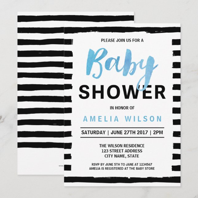 Invitación a Baby Shower de moda Black Stripes Blu (Anverso / Reverso)