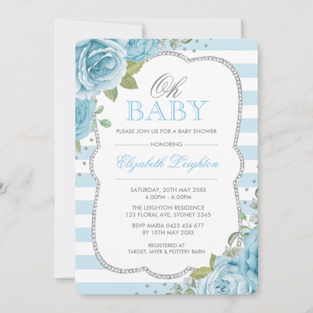Invitación a Baby Shower de moda Blue Silver Flora (Anverso)