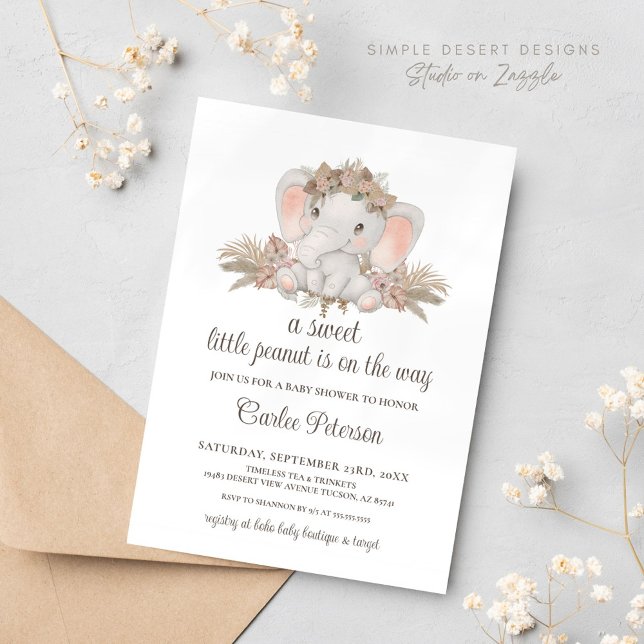 Invitación a Baby Shower de moda Boho Floral Eleph (Cute Elephant Baby Shower Invitation with Boho Floral Pampas Grass Gender Neutral)