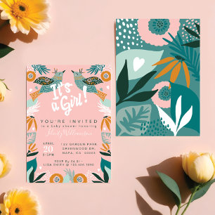 Invitación a Baby Shower de moda Floral Bird Botán