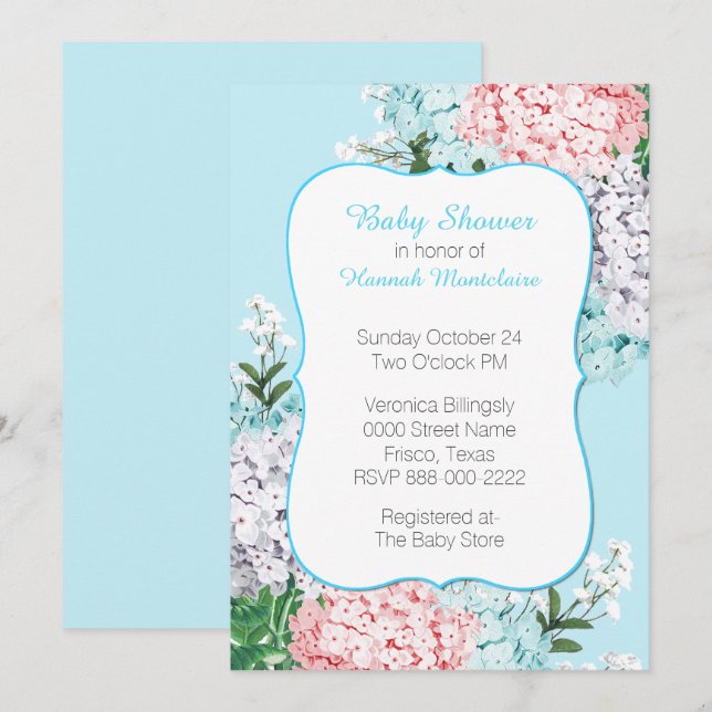 Invitación a Baby Shower de moda Pastel Hydrangeas (Anverso / Reverso)