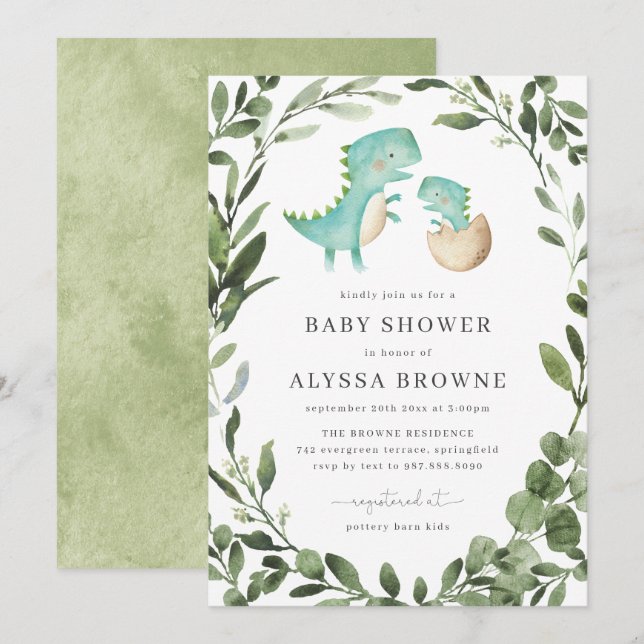 Invitación a Baby Shower de Mommy Baby Dinosaur (Anverso / Reverso)