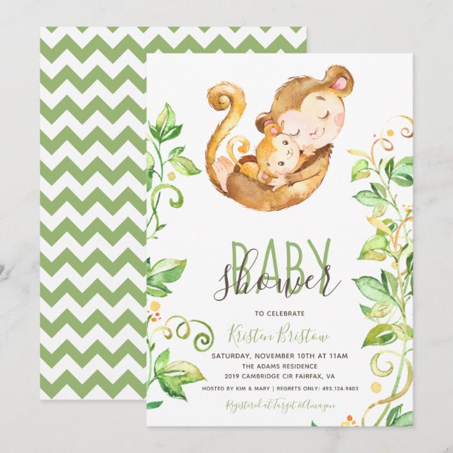 Invitación a Baby Shower de Monkey Zoo Animal Gree (Anverso / Reverso)