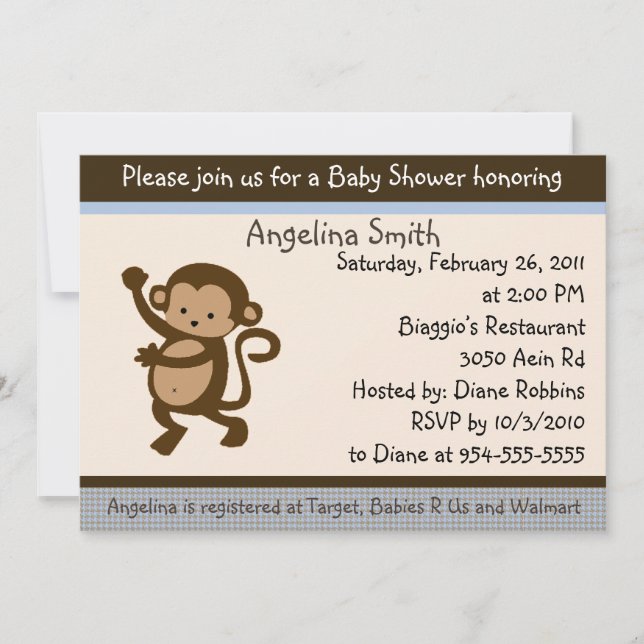 Invitación a Baby Shower de mono bailarín (Anverso)