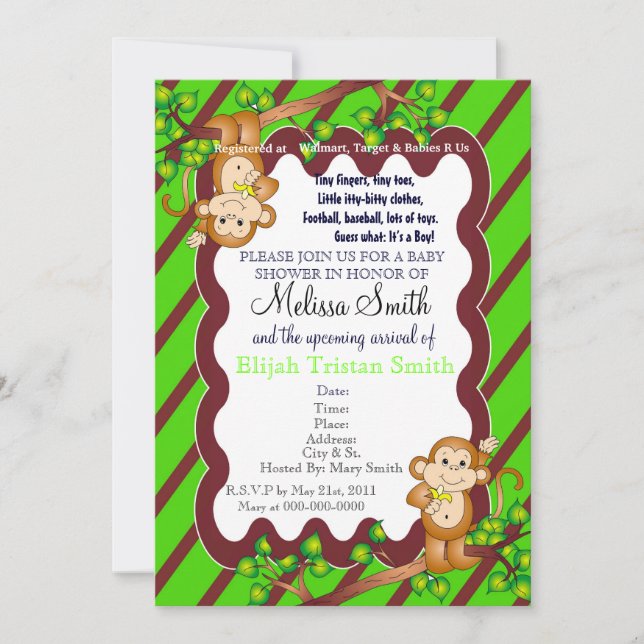 Invitación a Baby Shower de mono cambiante - Verde (Anverso)