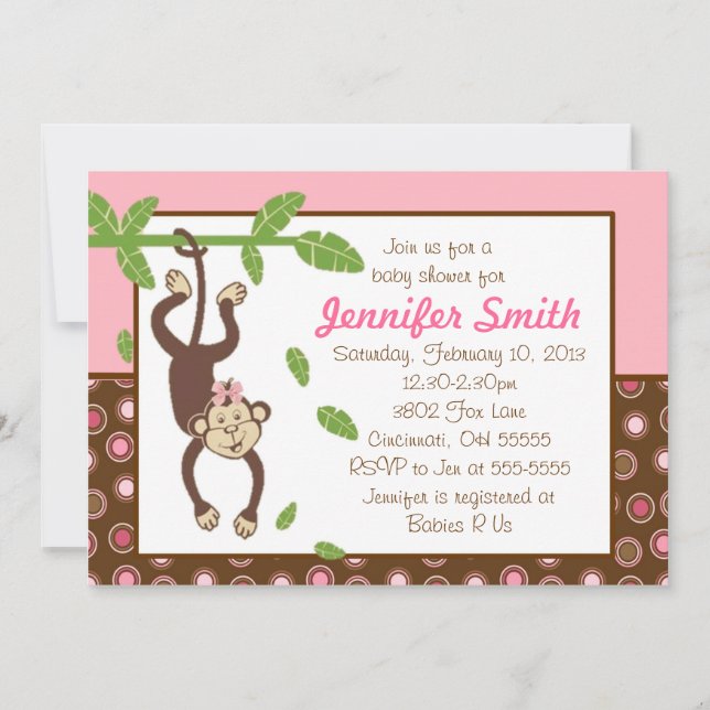 Invitación a Baby Shower de mono colgante (Anverso)