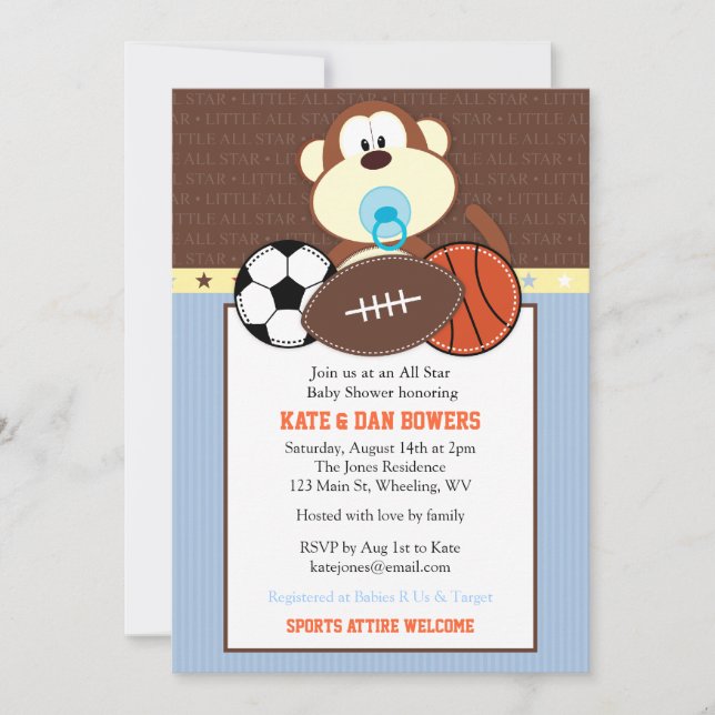 Invitación a Baby Shower de mono de deporte de la  (Anverso)