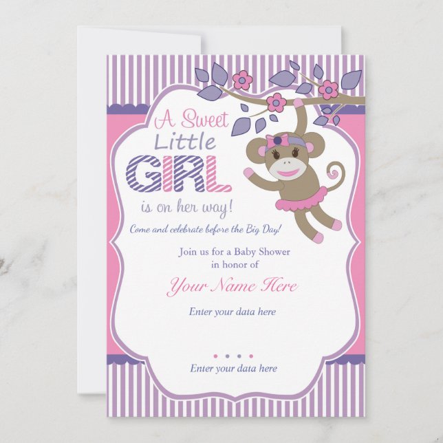 Invitación a Baby Shower de mono de pavo rosado mo (Anverso)