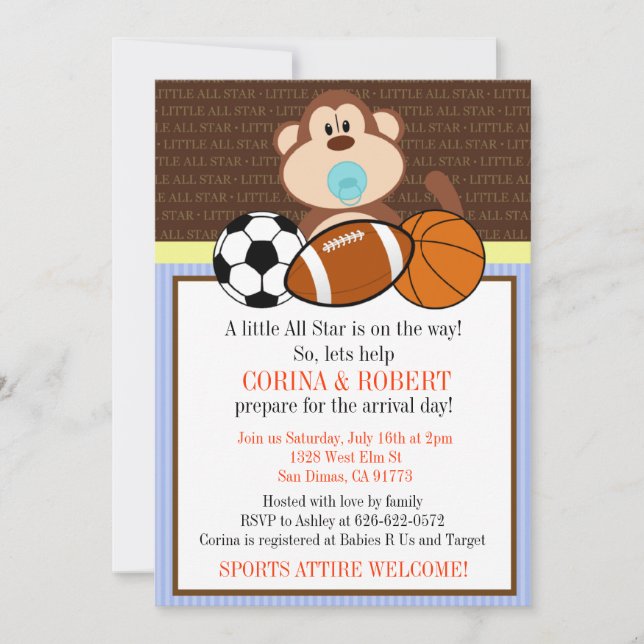 Invitación a Baby Shower de mono deportivo (Anverso)