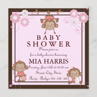 Invitación a Baby Shower de mono rosa