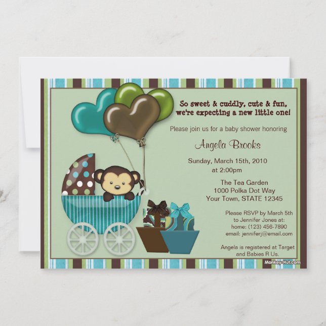 Invitación a Baby Shower de mono VERDE AZULADA (Anverso)