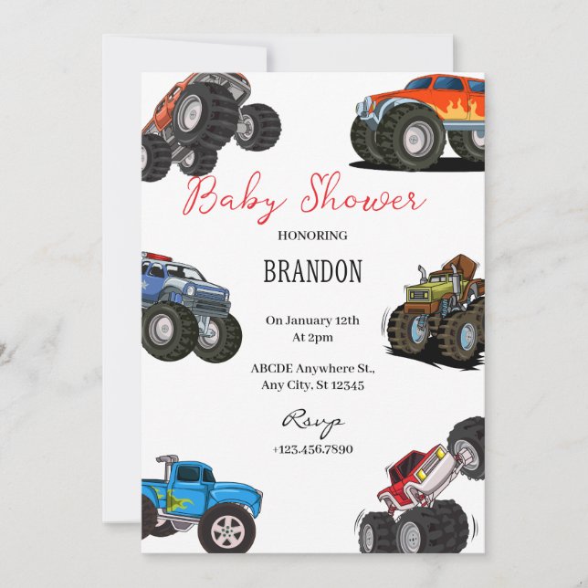 Invitación a Baby Shower de Monster Truck (Anverso)