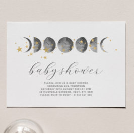 Invitación a Baby Shower de Moon Phases Gold Stars