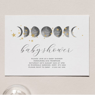 Invitación a Baby Shower de Moon Phases Gold Stars