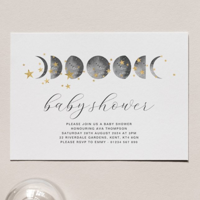 Invitación a Baby Shower de Moon Phases Gold Stars (Subido por el creador)