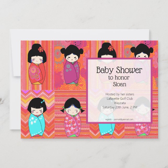 Invitación a Baby Shower de muñecas kokeshi (Anverso)
