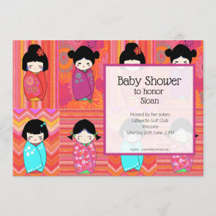 Invitación a Baby Shower de muñecas kokeshi