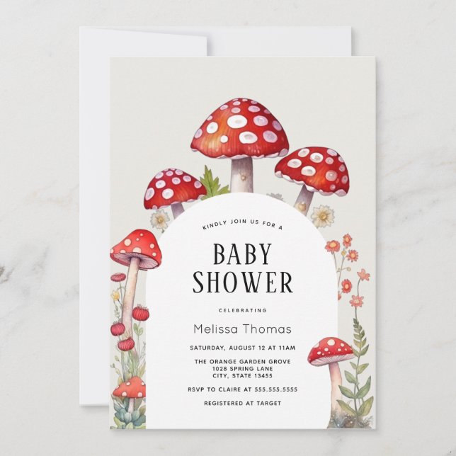 Invitación a Baby Shower de Mushroom Cottage Woodl (Anverso)