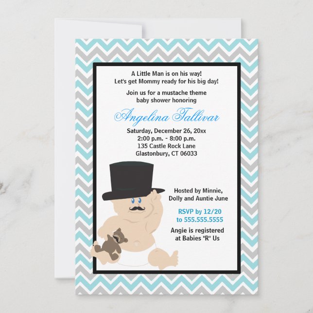 Invitación a Baby Shower de Mustache Baby Boy (Anverso)