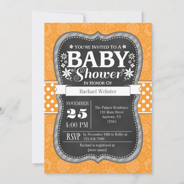 Invitación a Baby Shower de naranja Chalkboard Flo (Anverso)