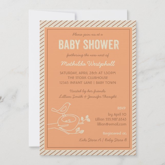 Invitación a Baby Shower de Naranja de nido de ave (Anverso)