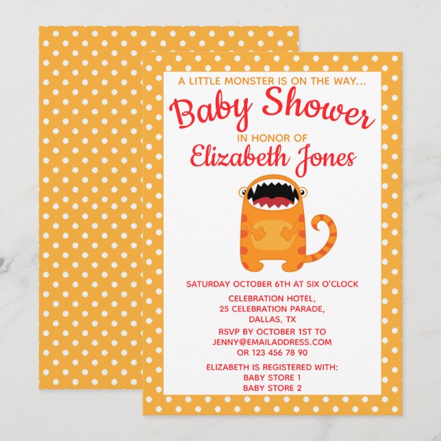Invitación a Baby Shower de naranja Little Monster (Anverso / Reverso)