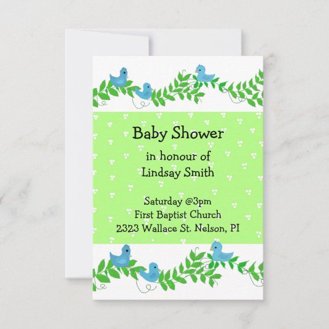 Invitación a Baby Shower de naturaleza verde y azu (Anverso)