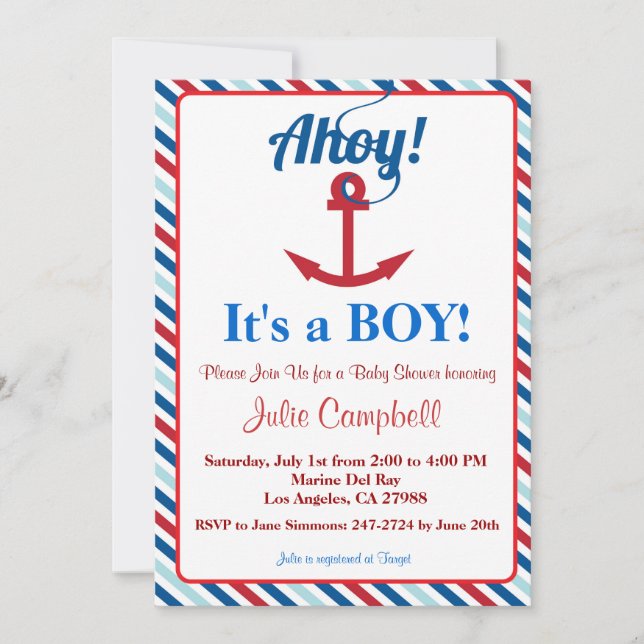 Invitación a Baby Shower de Nautical Ahoy Boy (Anverso)