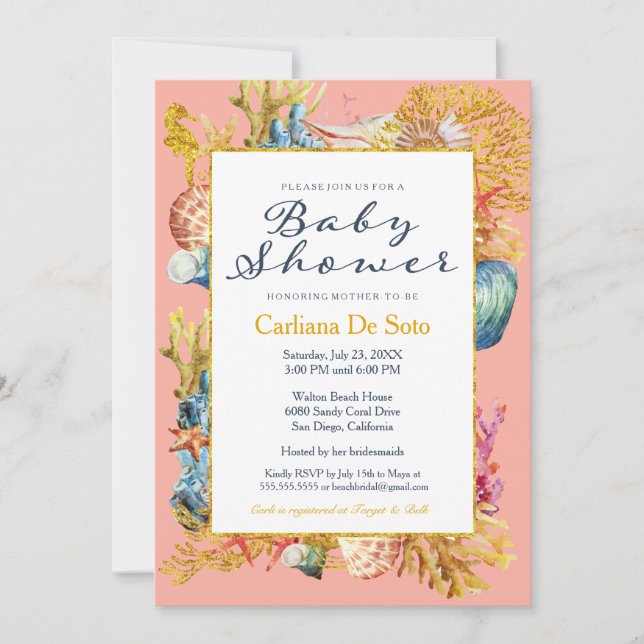 Invitación a Baby Shower de Nautical Beach Seashel (Anverso)