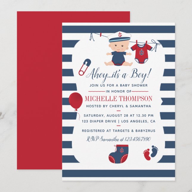 Invitación a Baby Shower de Nautical Boy (Anverso / Reverso)
