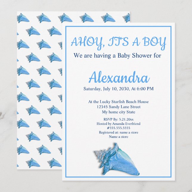 Invitación a Baby Shower de Nautical Seashell Blue (Anverso / Reverso)