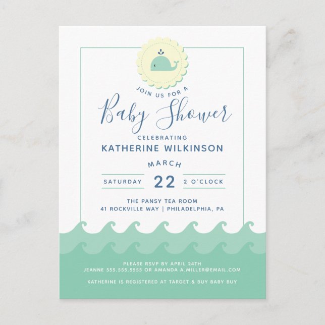Invitación a Baby Shower de Nautical Whale Pastel (Anverso)