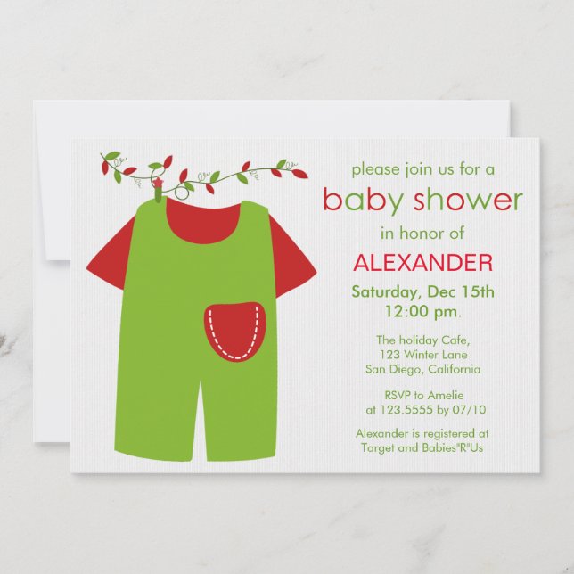Invitación a Baby Shower de navidades Green Outfit (Anverso)
