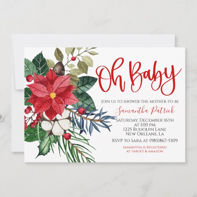 Invitación a Baby Shower de navidades Pointsettia (Anverso)