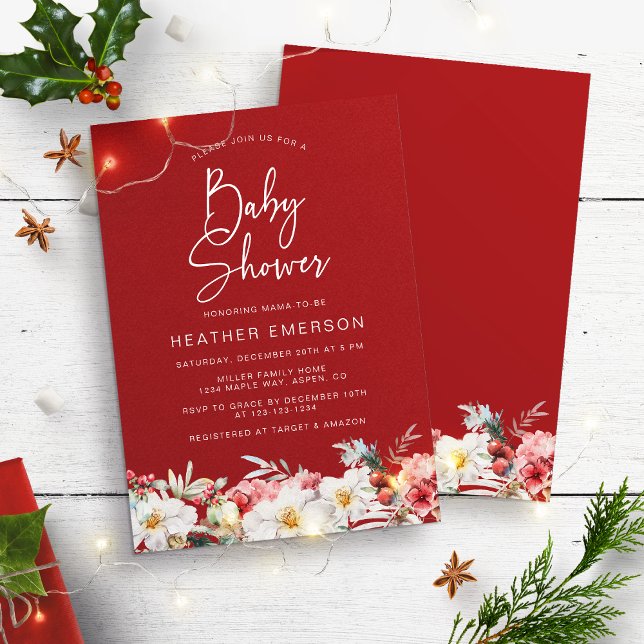 Invitación a Baby Shower de Navidades rojos (Rustic Boho Watercolor Floral Christmas Holiday Baby Shower Invitation by Painted Paperie)