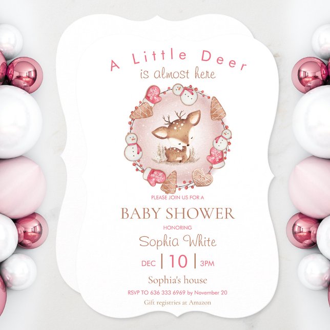 Invitación a Baby Shower de Navidades rosados de c (Pink Christmas baby shower invitation with a cute baby deer)