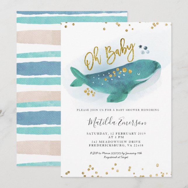 Invitación a Baby Shower de Navy Blue Oh Baby Whal (Anverso / Reverso)