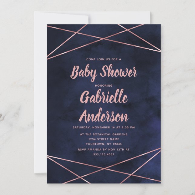 Invitación a Baby Shower de Navy Blue & Rosa Gold  (Anverso)