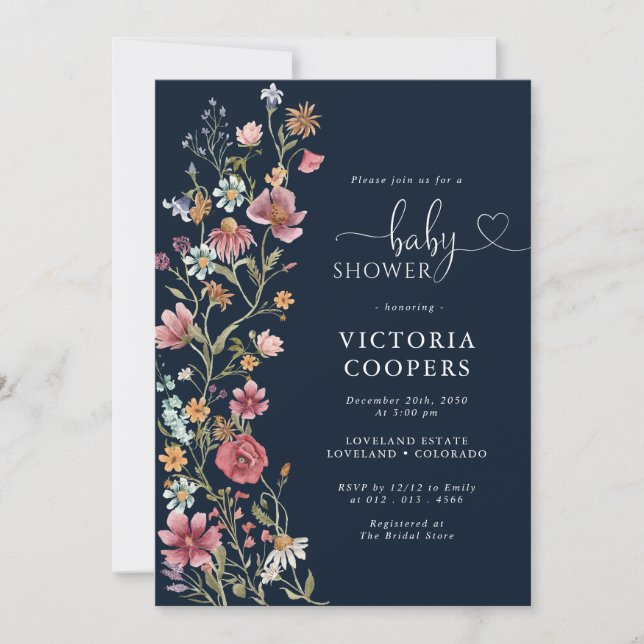 Invitación a Baby Shower de Navy Blue Wildflower (Anverso)