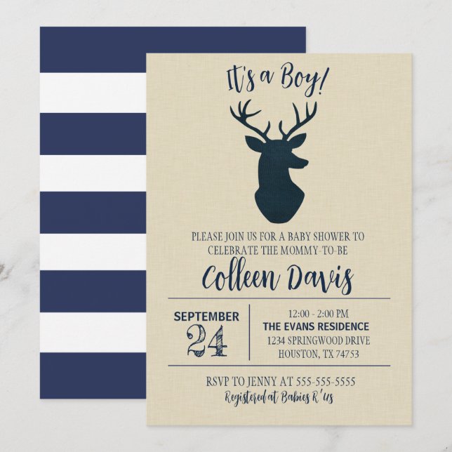 Invitación a Baby Shower de Navy Deer (Anverso / Reverso)