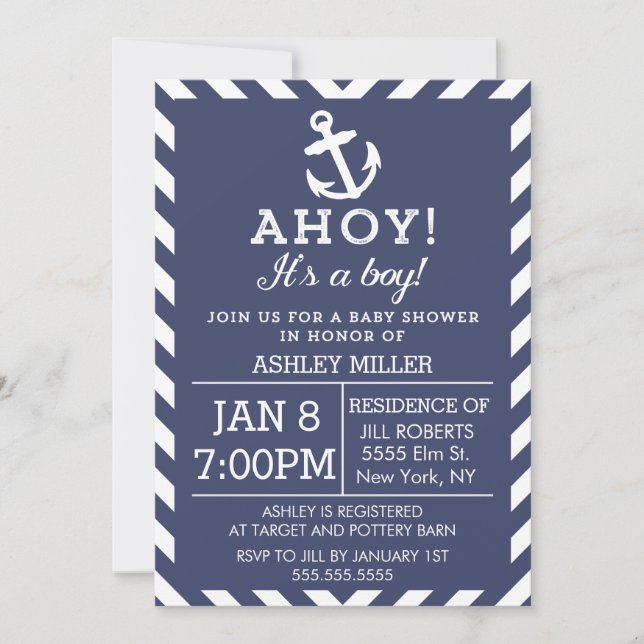 Invitación a Baby Shower de Navy Nautical Chevron (Anverso)