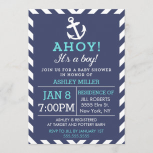Invitación a Baby Shower de Navy Nautical Chevron