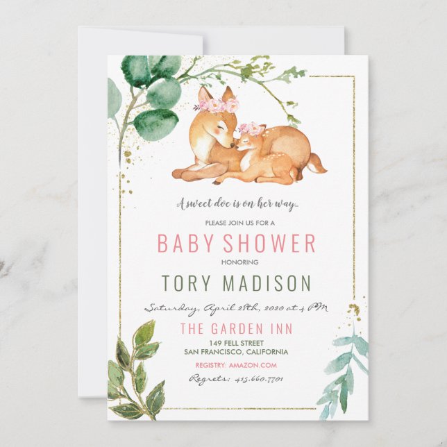Invitación a baby shower de niña cierva (Anverso)