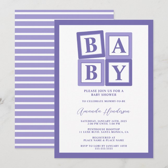 Invitación a Baby Shower de Niña con Bloques de Be (Anverso / Reverso)