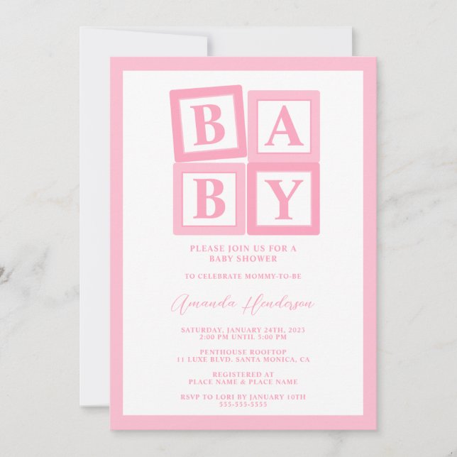 Invitación a Baby Shower de Niña con Bloques de Be (Anverso)