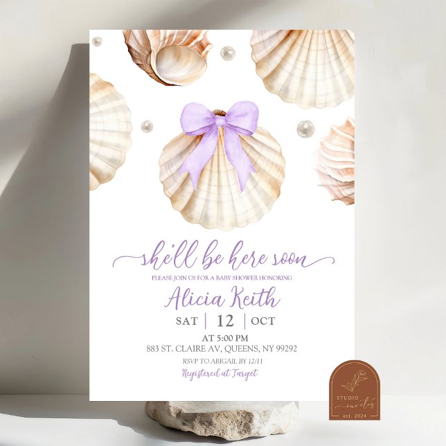 Invitación a baby shower de niña con caparazón púr (Subido por el creador)