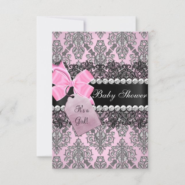Invitación a baby shower de niña con damasco rosa  (Anverso)