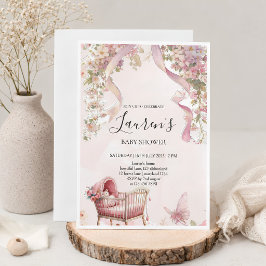 Invitación a baby shower de niña con lazo rosa
